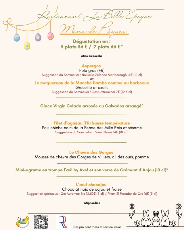 Menu de Pâques - La Belle Époque - Bagnoles de l'Orne - restaurant BAGNOLES-DE-L'ORNE